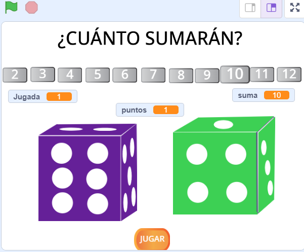 Captura del juego donde los dados suman 10 y gana 1 punto
