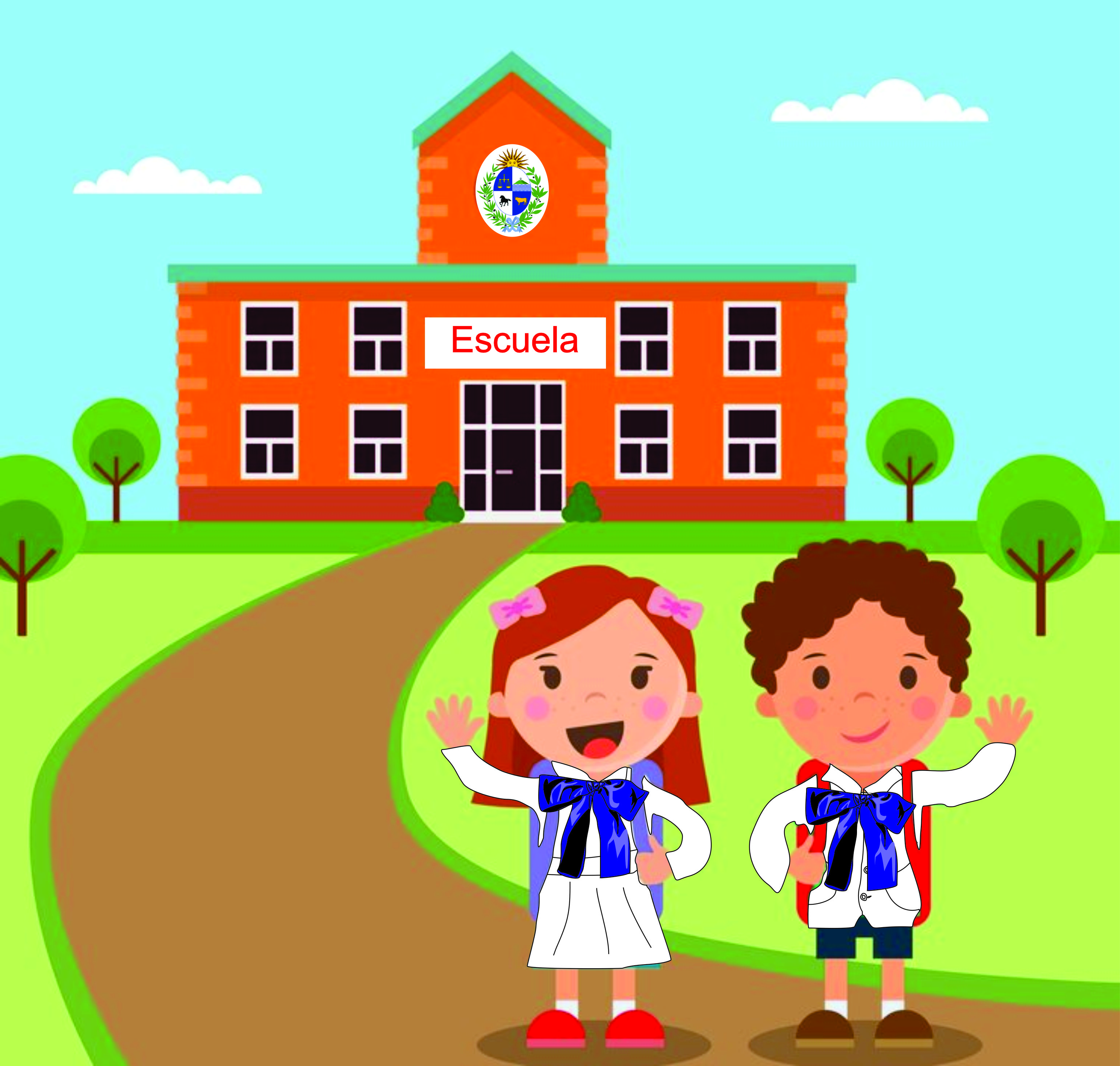 Niño y niña con túnica frente a una escuela