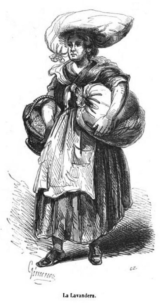 Ilustración de una lavandera antigua que lleva un atado de ropa sobre su cabeza