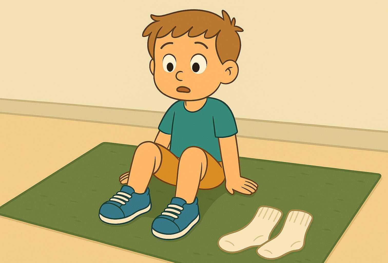 Un niño de cabello corto y expresión desconcertada está de pie sobre una alfombra. Lleva puestos unos championes grises, pero no tiene medias. A su lado, en el suelo, hay un par de medias blancas sin usar. El entorno es simple: una pared clara, piso beige y luz cálida.