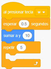 Imagenes de una secuencia de bloques para controlar con la letra W un sprite de Scratch