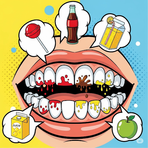 imagen popart que grafique esto: Alguna vez ¿has notado cambios en tus dientes después de comer ciertos alimentos o tomar algunas bebidas? ¿Se te manchan los dientes? ¿Qué partes de los dientes es la que observas manchadas?