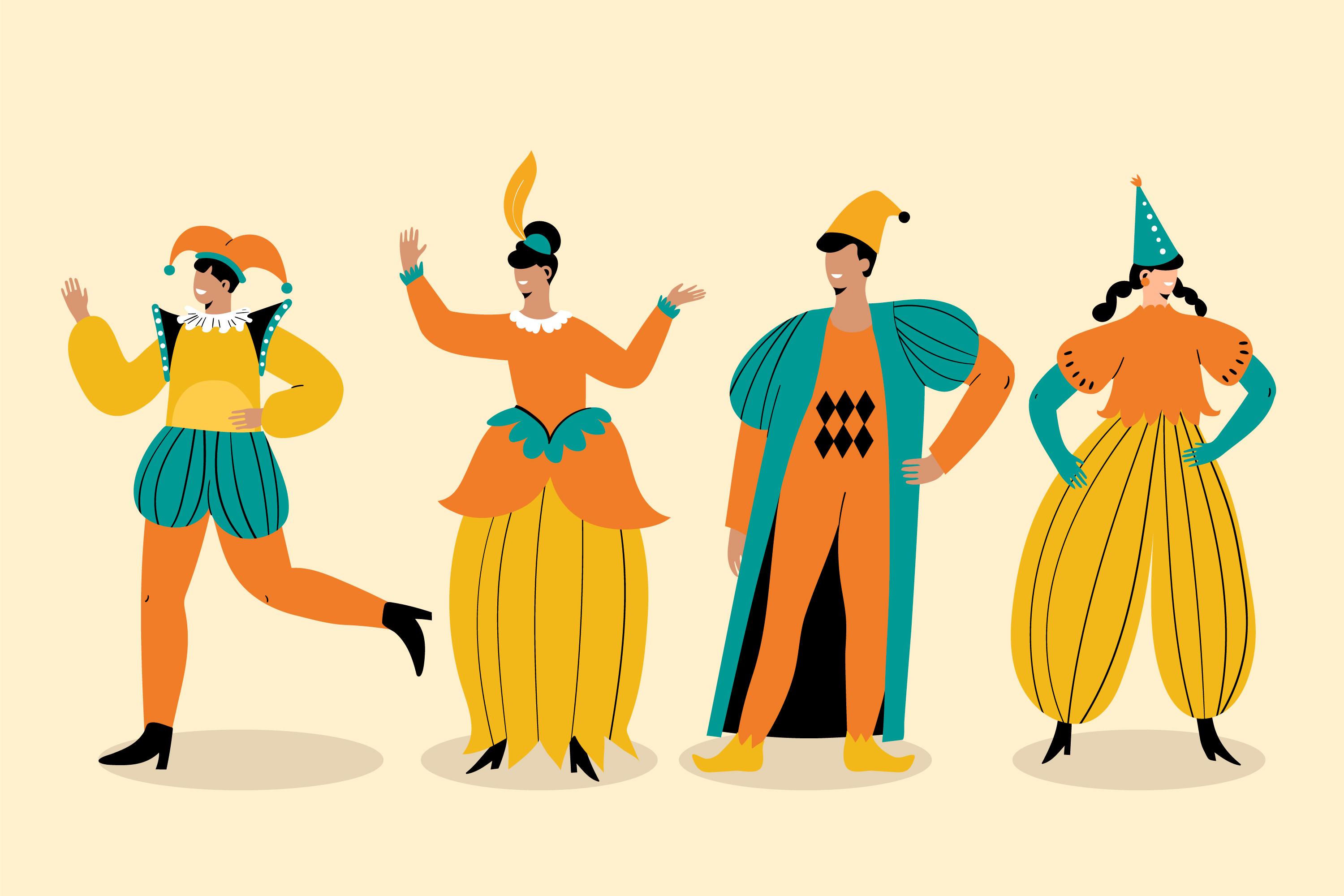 Personajes con diferentes vestimentas teatrales