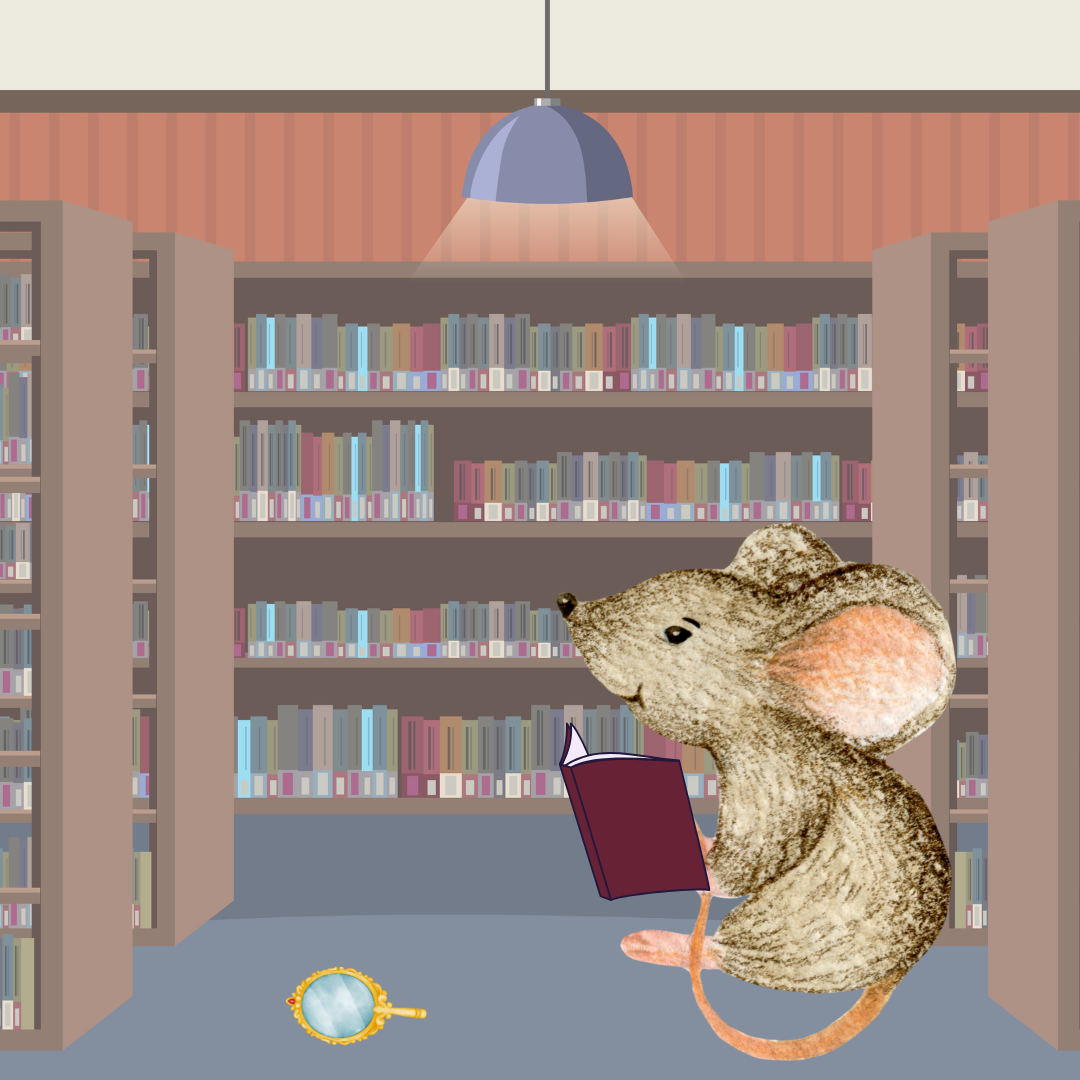 Ratón en una biblioteca leyendo un libro. En el suelo hay un espejo.