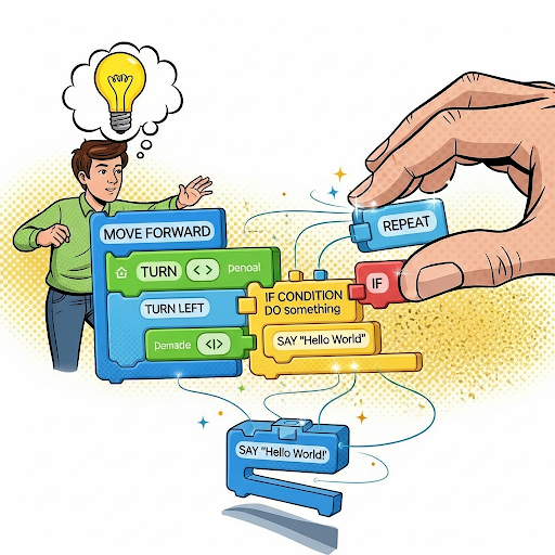 hacete una imagen tipo caricatura insirada en esto: Piensa, arrastra y crea: la magia de programar por bloques