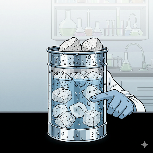 🧪 Hagamos un experimento para observar cómo el agua presente en el aire se convierte en gotas líquidas sobre una superficie fría.  Pasos:   Primero, picamos hielo en trozos pequeños. Luego, colocamos el hielo dentro de una lata, agregamos un poco de agua y sal. La sal ayuda a que la temperatura dentro de la lata baje aún más. Con el paso de unos minutos, veremos que en la parte externa de la lata comienzan a formarse gotitas de agua: es el vapor del aire que se enfría y se condensa. 