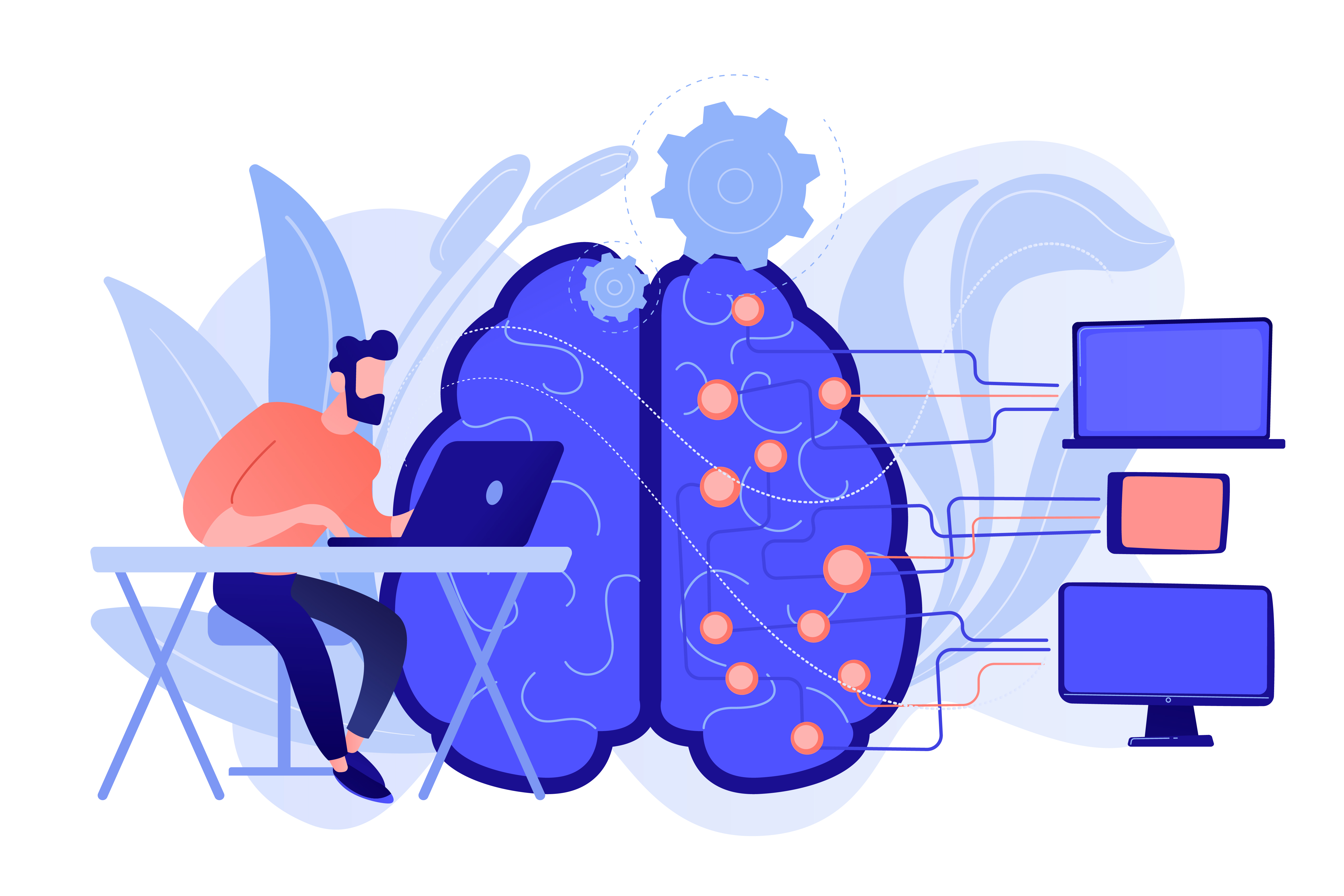Hombre junto a cerebro con conexiones digitales