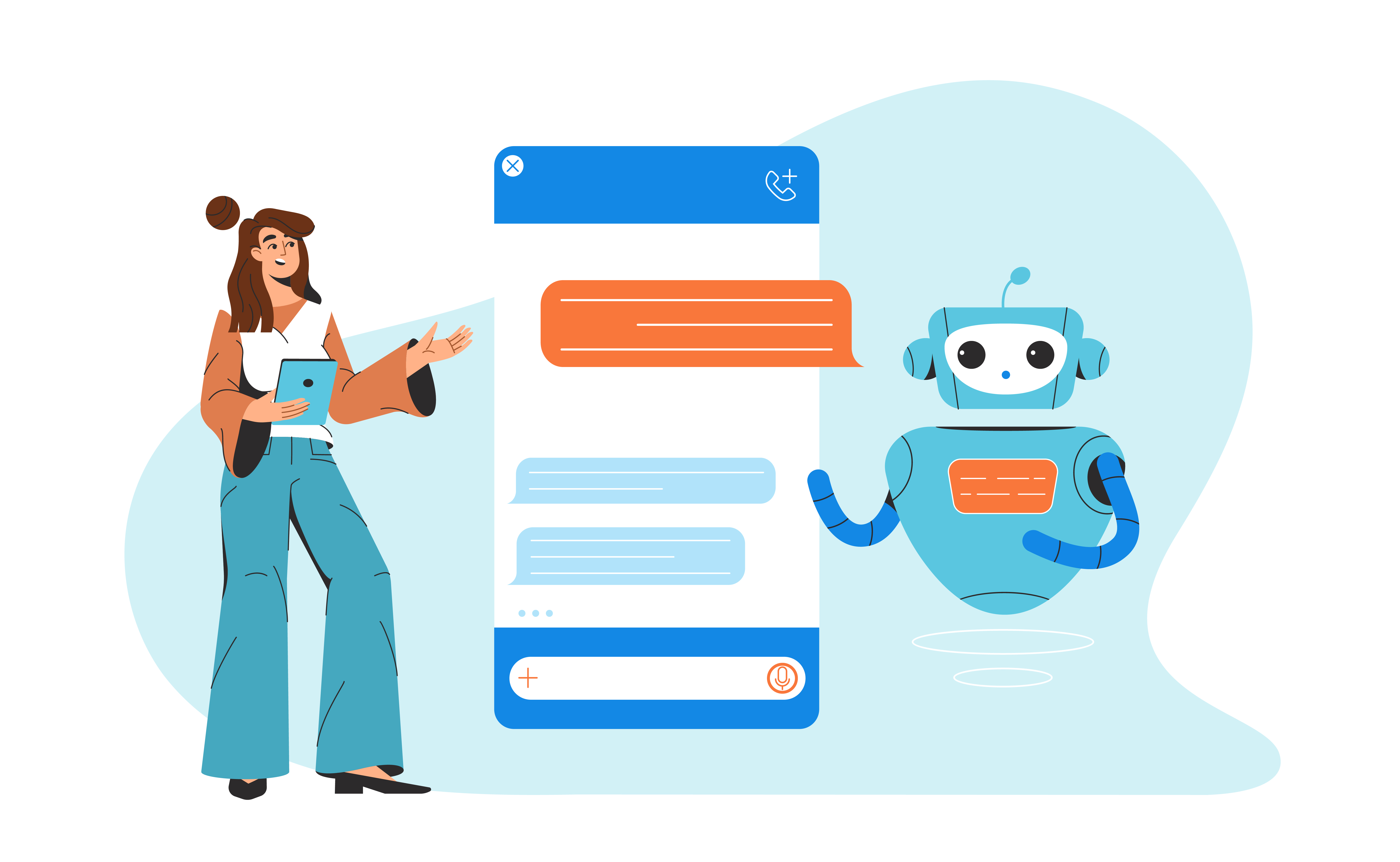 Mujer dialogando por una pantalla con un robot