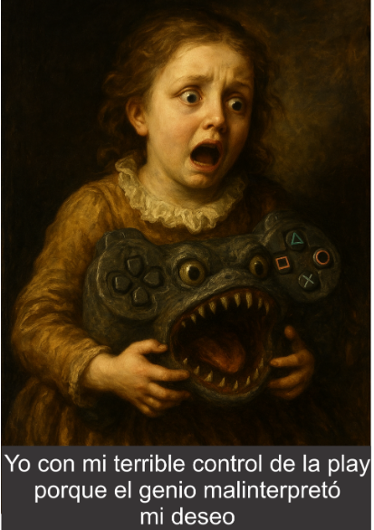 niña sosteniendo una especie de control de play station con un rostro terrorífico