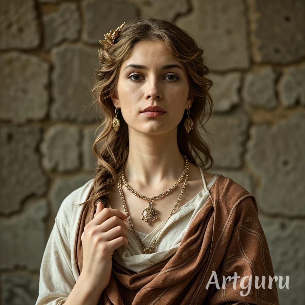 Mujer romana, vestida con túnica, con adornos en el cabello