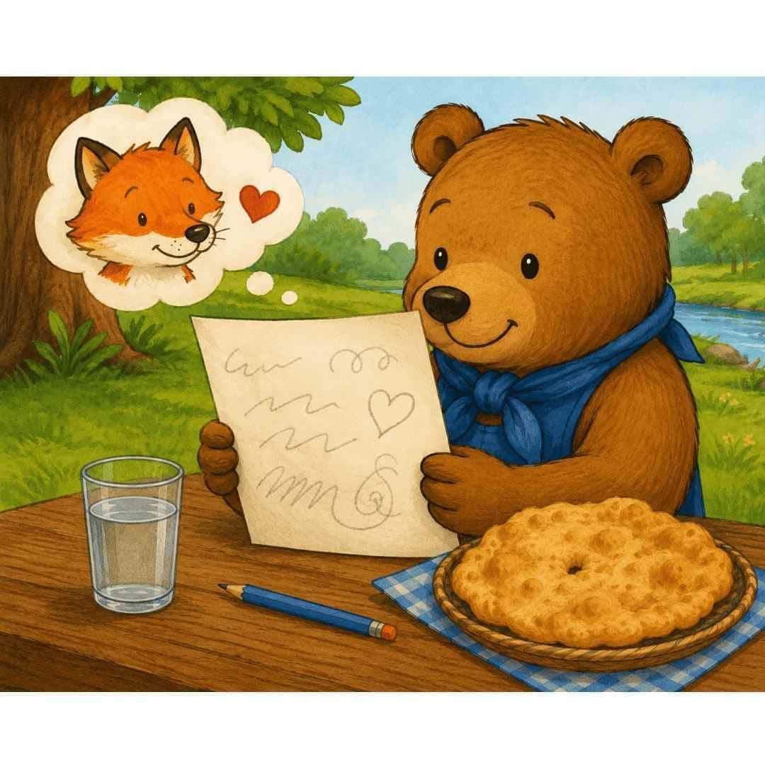 Oso en una mesa donde hay una torta frita y un vaso de agua