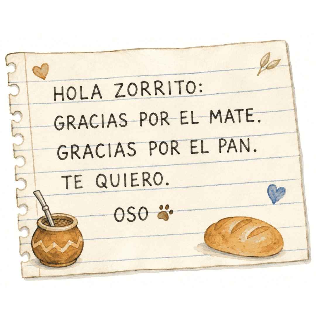 Carta: HOLA ZORRITO: GRACIAS POR EL MATE. GRACIAS POR EL PAN. TE QUIERO. OSO