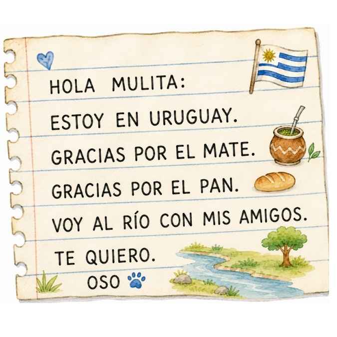CARTA: HOLA, MULITA: ESTOY EN URUGUAY. GRACIAS POR EL MATE. GRACIAS POR EL PAN. VOY AL RÍO CON MIS AMIGOS. TE QUIERO. OSO