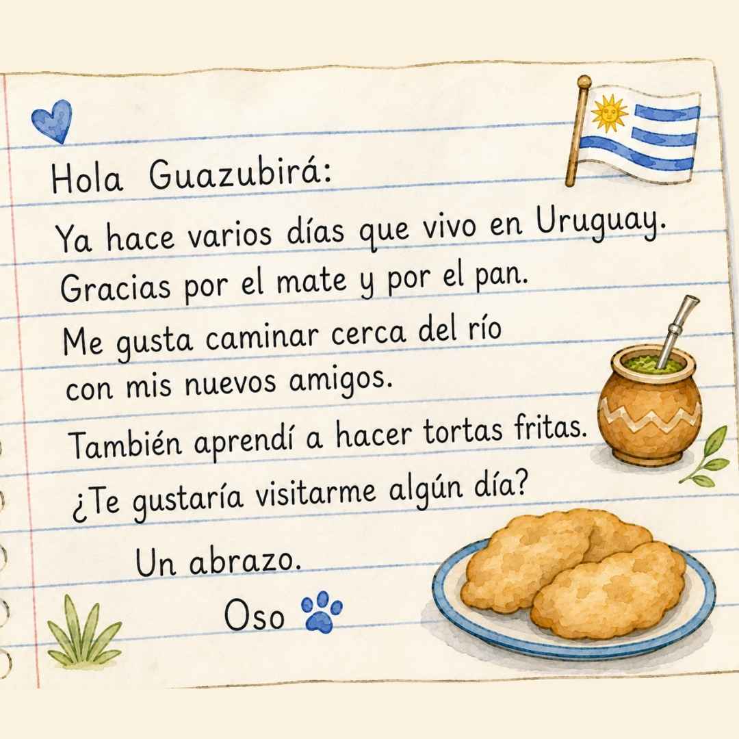 CARTA: Hola, Guazubirá: Ya hace varios días que vivo en Uruguay. Gracias por el mate y por el pan. Me gusta caminar cerca del río con mis nuevos amigos. También aprendí a hacer tortas fritas. ¿Te gustaría visitarme algún día? Un abrazo. Oso