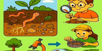Niños investigando el suelo con lupas y microscopio