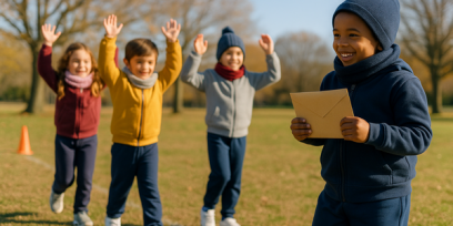 Niños de primaria en clase de Educación Física jugando al "cartero fonológico".
