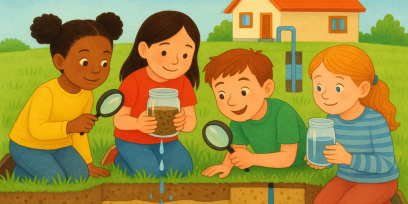 Niños y niñas explorando acuíferos