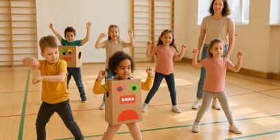 Niños y niñas bailando disfrazados como robots