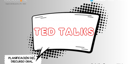 Imagen tipo cómic con fondo de puntos en escala de grises. En el centro, un globo de diálogo contiene el texto “TED TALKS” en rojo. Abajo se lee “Planificación del discurso oral” y el nombre de la docente a cargo.