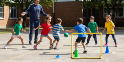 clase de Educación Física en una escuela pública uruguaya de nivel primaria. Niños y niñas de 6 a 8 años practican hándbol en el patio escolar. Se observa una situación de juego reducido 3 vs 3 con oposición moderada: un niño con balón decide si pasar o lanzar mientras un compañero se desmarca y un defensor intenta interceptar sin contacto físico.  El docente observa y orienta desde un costado. Hay conos delimitando la cancha y un arco pequeño hecho con conos. 