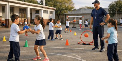 Niños y niñas de primaria participan en una clase de Educación Física en el patio escolar. En primer plano, dos estudiantes se pasan una pelota azul mientras el docente observa. Al fondo, otros compañeros realizan actividades con conos y un arco pequeño de hándbol.