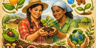 Agricultoras tomando con sus manos juntas una planta con tierra. Alrededor elementos de ecosistema: sol, insectos, agua.