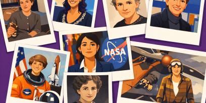 Collage de fotos de mujeres científicas destacadas. Estilo ilustrado.