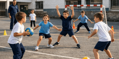 Niños y niñas juegan mini-hándbol en el patio de una escuela durante una clase de Educación Física, organizados en un juego 4 contra 4 con arquero mientras el docente observa.