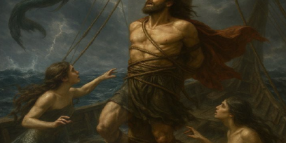 "Odiseo atado al mástil de su barco resiste el canto de las sirenas, mientras criaturas aladas y marinas lo rodean en un mar tormentoso