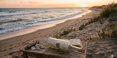 un paisaje de playa y una botella arriba de una mesa