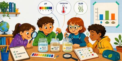 Niños y niñas alrededor de una mesa haciendo experimentos y graficando los datos.