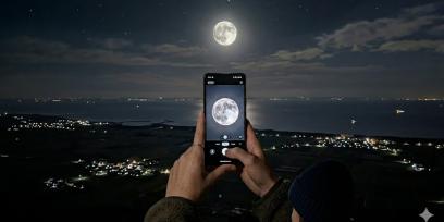 Una persona fotografía la Luna llena con su celular desde una vista nocturna elevada, con la ciudad iluminada y el cielo estrellado de fondo.