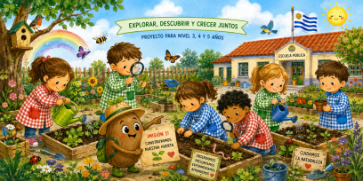 Niños y niñas en una huerta realizando observaciones y experimentando. A su lado un personaje con forma de semilla con una hoja de papel.