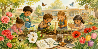 Niñas y niños realizando actividades en una huerta escolar (regando, observando, plantando). Al lado un libro con la imagen de una planta y sus partes.