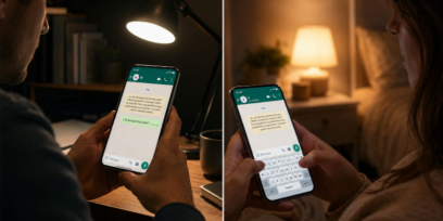 Composición dividida en dos imágenes nocturnas e iluminadas con lámparas cálidas. A la izquierda, un hombre sostiene un teléfono móvil mostrando un mensaje en WhatsApp que dice '¿Te encuentras bien?'. A la derecha, una mujer sostiene su teléfono respondiendo en el chat mientras escribe en el teclado en pantalla.
