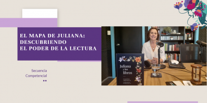 Imagen de portada de una presentación educativa sobre fondo claro con ilustraciones florales en la esquina superior derecha. A la izquierda se muestra el título en letras blancas sobre un recuadro morado: "EL MAPA DE JULIANA: DESCUBRIENDO EL PODER DE LA LECTURA", acompañado abajo por el texto "Secuencia Competencial". A la derecha se aprecia una fotografía de la autora Claudia Amengual sonriendo en un estudio de grabación frente a un micrófono y un libro exhibido en primer plano titulado "Juliana y los libr