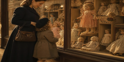 mujer con una niña viendo una vidriera de un comercio de venta de muñecas antiguo