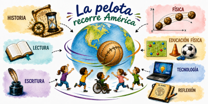 En el centro hay un planeta Tierra donde se muestra a América y una pelota de caucho. Abajo niños y niñas jugando, corriendo, saltando, en silla de ruedas. Alrededor elementos representativos de las unidades curriculares.