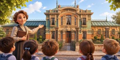 Maestra mostrando el frente de un jardín de infantes a varios niños.