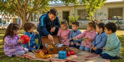 Docente arrodillado en el patio de una escuela abre una valija de madera ante un grupo de niños y niñas de 4 y 5 años sentados en círculo sobre una manta; alrededor hay objetos de juego como una pelota roja, un aro, una cuerda, un dado de tela azul y un silbato.