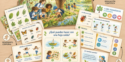 Ilustración educativa en acuarela que muestra a niños y una docente explorando la naturaleza, observando hojas, plantas e insectos. Alrededor de la escena se presentan recursos sobre clasificación, movimiento corporal, indagación científica y accesibilidad multimodal, junto a una pregunta central sobre posibles usos de una hoja caída