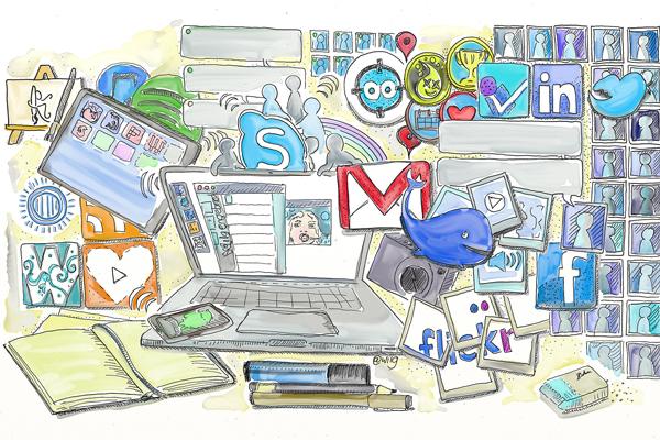 Ilustración que muestra diversos iconos de algunos servicios de redes sociales.