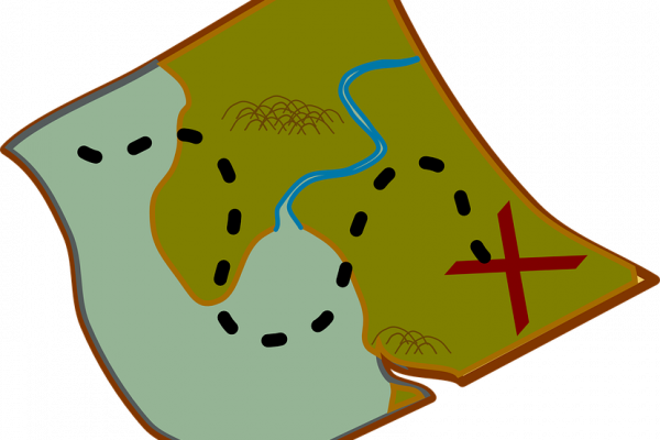 Dibujo de un mapa con una línea punteada hasta ella que conduce a una X