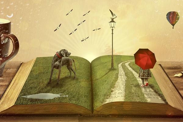 Ilustración de un libro abierto de donde salen un perro y una niña con un paraguas