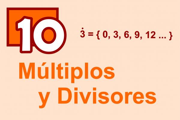 Texto: Múltiplos y divisores. Número 10 y conjunto de algunos múltiplos de 3.