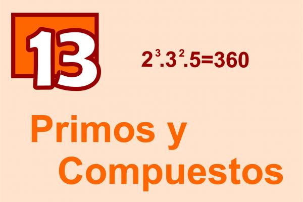 Texto: Números primos y compuestos, ejemplo de descomposición en factores primos y Número 13