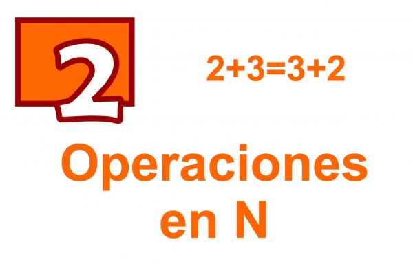 Imagen con el número 2, y el texto Operaciones en N. Aparece la expresión 2+3=3+2
