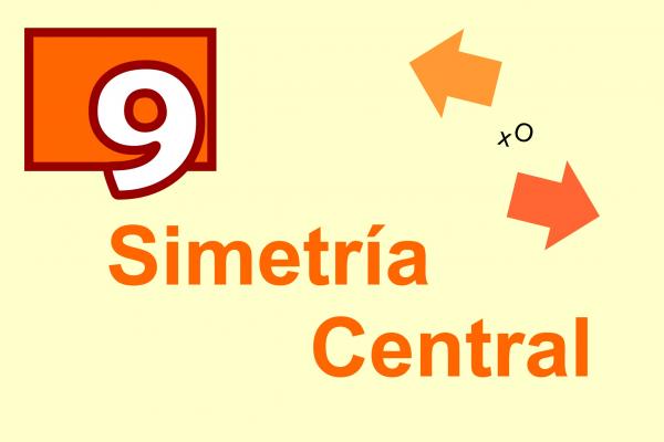 Texto que dice Simetría Central, con el número 9 y una flecha simetrizada.