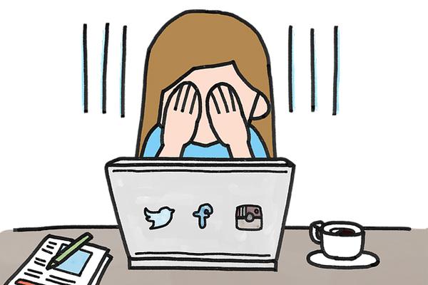 Ilustración de niña tapándose los ojos sentada frente a una computadora. 
