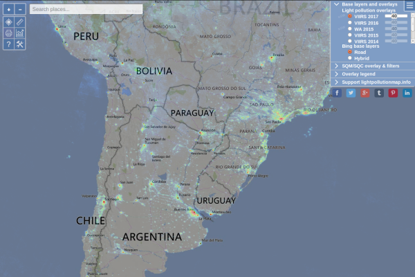mapa de parte de América del Sur y la contaminación luminosa presente